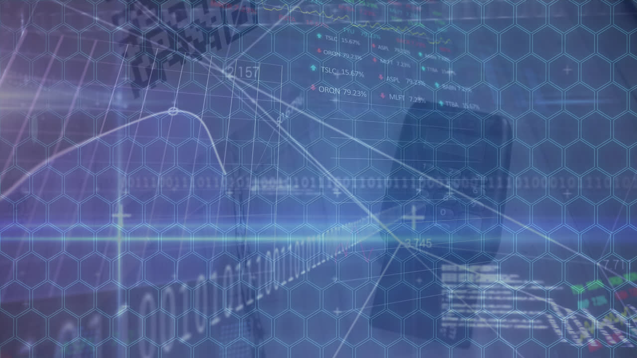 Animation of shapes over data processing and network of connections on white background