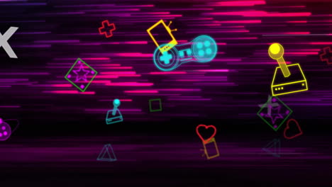 animación de iconos de videojuegos y patrón de neón en fondo negro