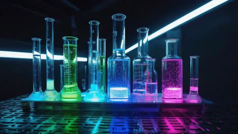 laboratory glassware with colorful liquids