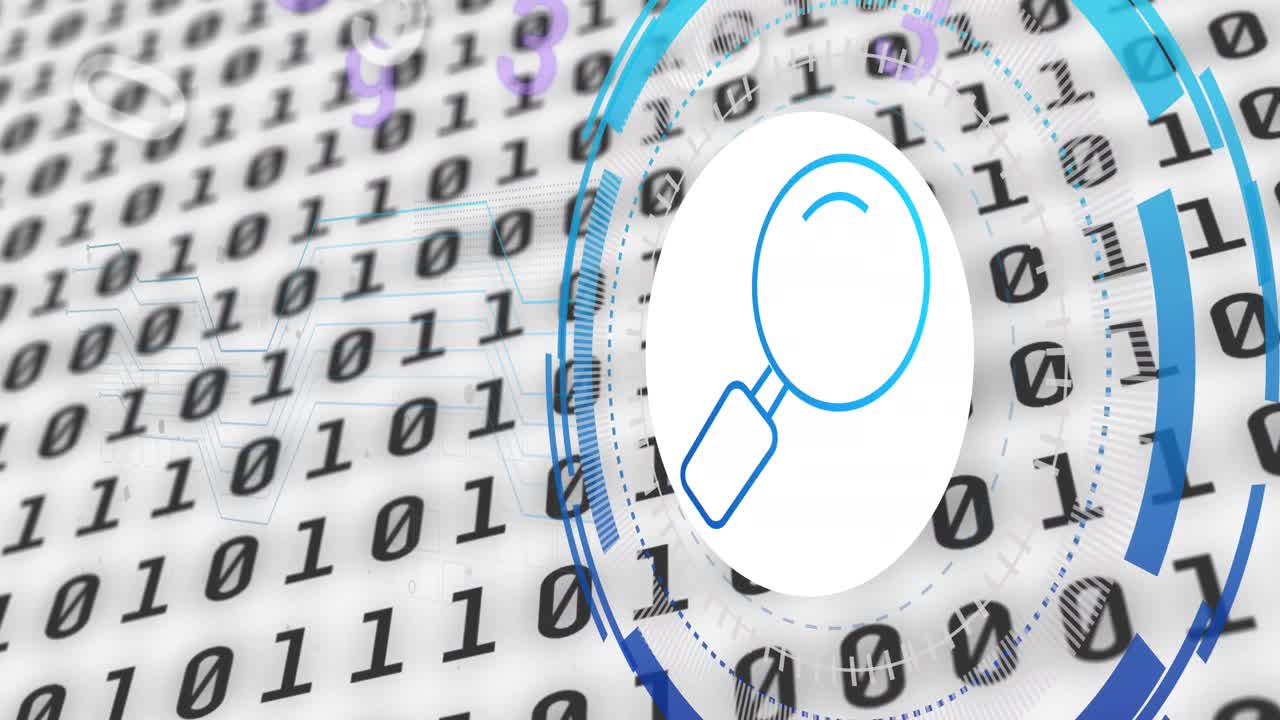 animación del procesamiento de datos con icono de vidrio de lectura sobre fondo blanco