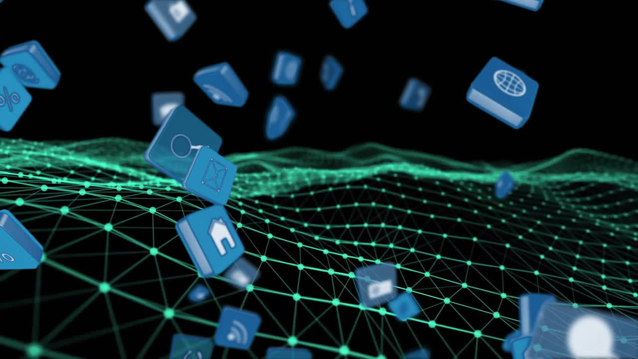 검은색 배경에 대한 동적 파동 패턴 위에 떨어지는 3d 아이콘의 애니메이션