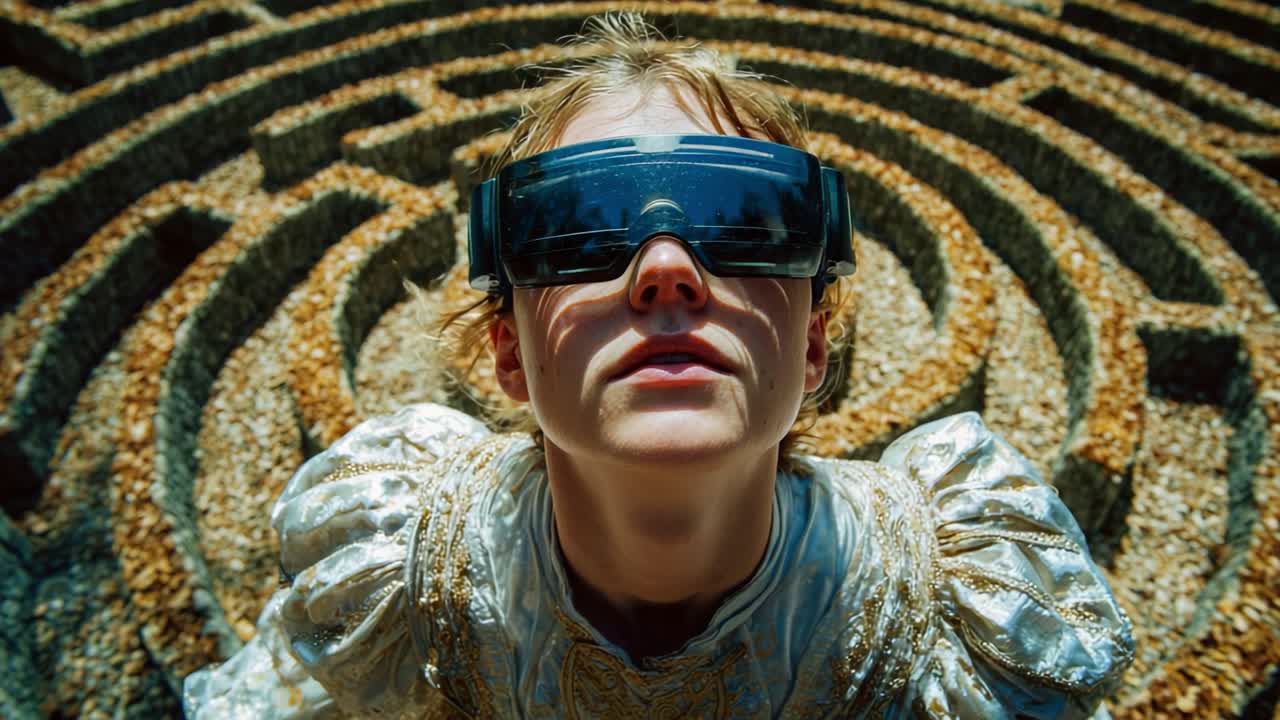 A Glimpse into the Future: An Individual Navigates a Complex Labyrinth Wearing Futuristic Visor Technology Amidst an Artistic Maze of Stones and Curves, Symbolizing Exploration and Discovery
