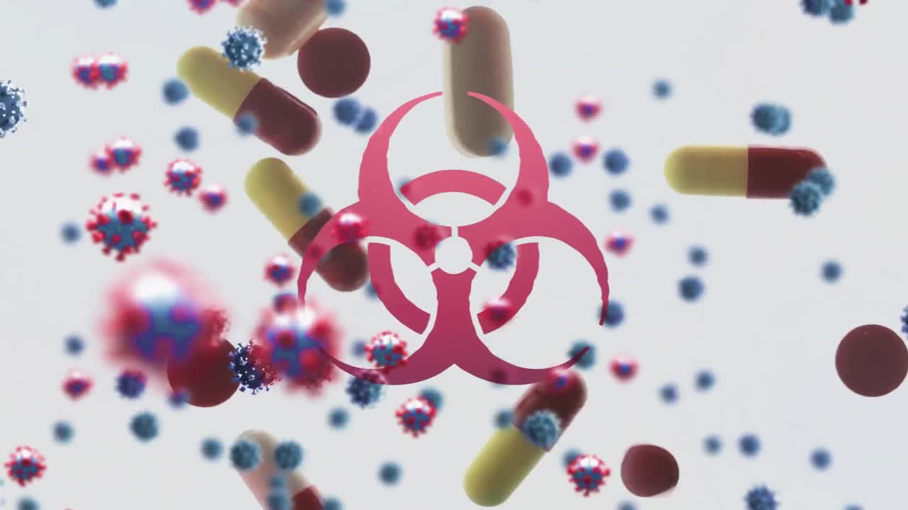 생물 위험 기호와 떨어지는 알약 위에 떠다니는 거대 코로나19 세포의 애니메이션