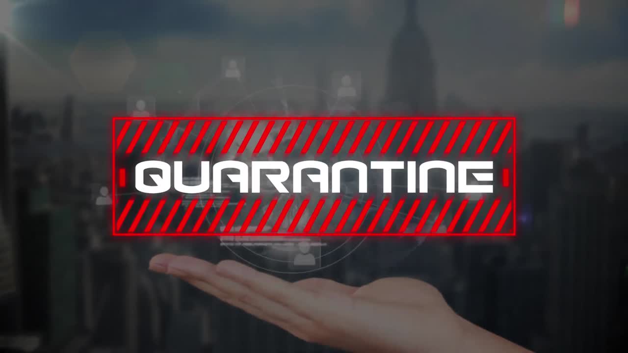 animación del texto de cuarentena sobre el paisaje urbano
