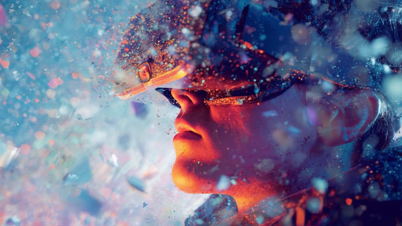 A young individual immersed in a vibrant virtual reality experience, illuminated by dynamic colors and surrounded by an explosion of confetti-like particles, highlighting the energy of digital exploration