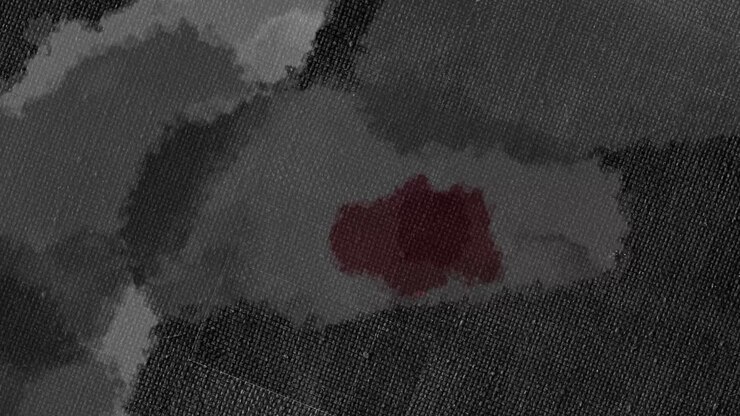 Animasi noda tinta abu-abu dan merah tumbuh di latar belakang tekstur kanvas yang bergerak