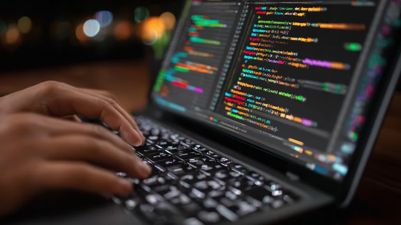A Programmer Engaged in Coding at Night: Exploring the Intricacies of Software Development with Lines of Colorful Code on a Laptop Screen