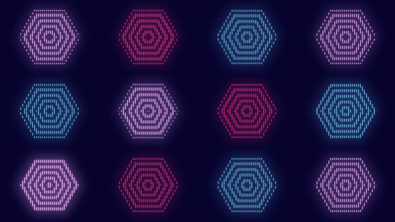 Motivo a esagoni colorati neon pulsanti disposti a file