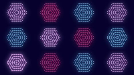 pulsing neon colorful hexagons pattern in rows