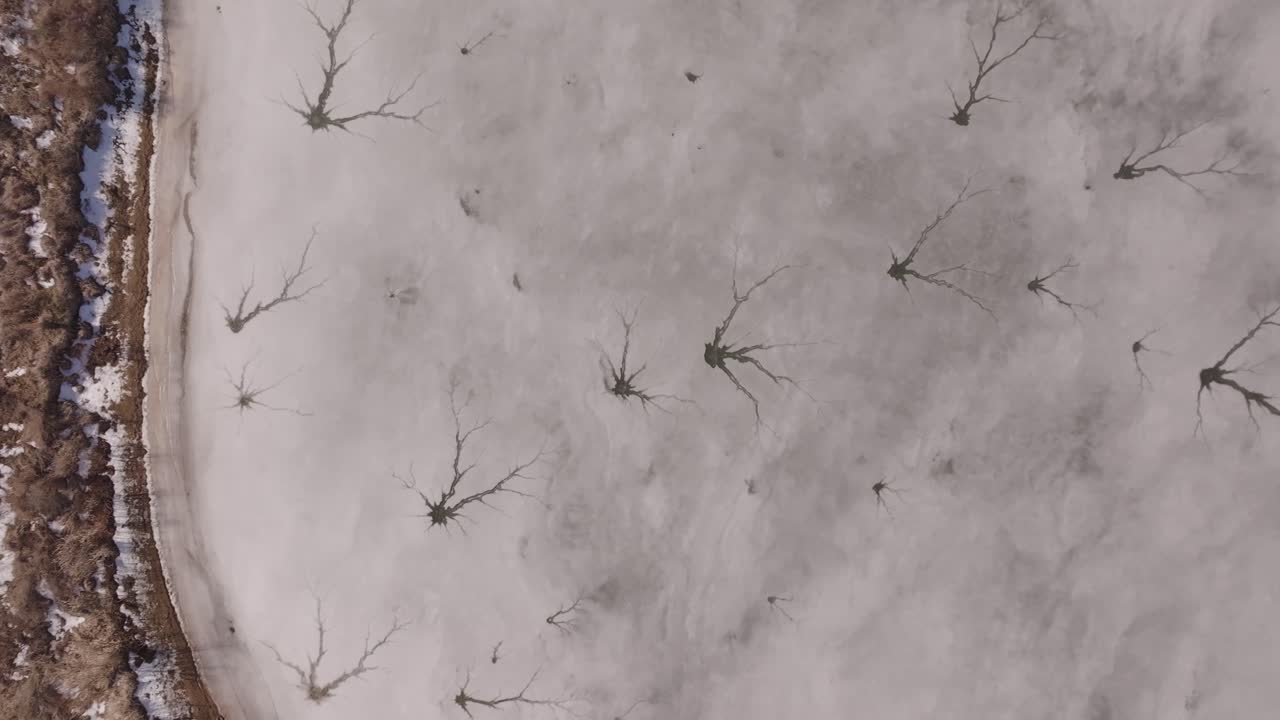 4k drone shot tracking overhead a frozen lake as it melts and the cracks begin to show