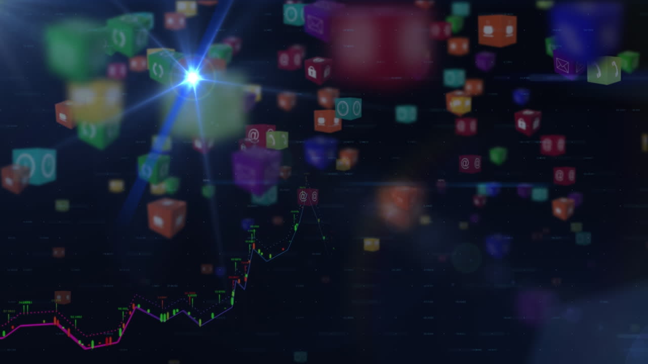 animación de punto de luz azul y múltiples iconos digitales flotando contra un fondo negro.