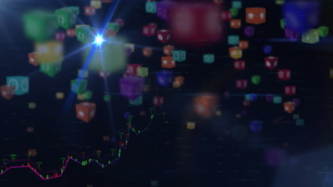 animación de punto de luz azul y múltiples iconos digitales flotando contra un fondo negro.