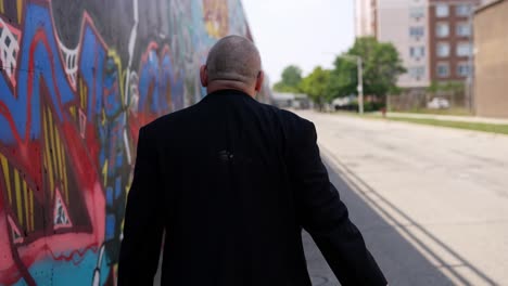 old man corporatist wearing a suit and walking slow and tired on a street with a mural on the wall