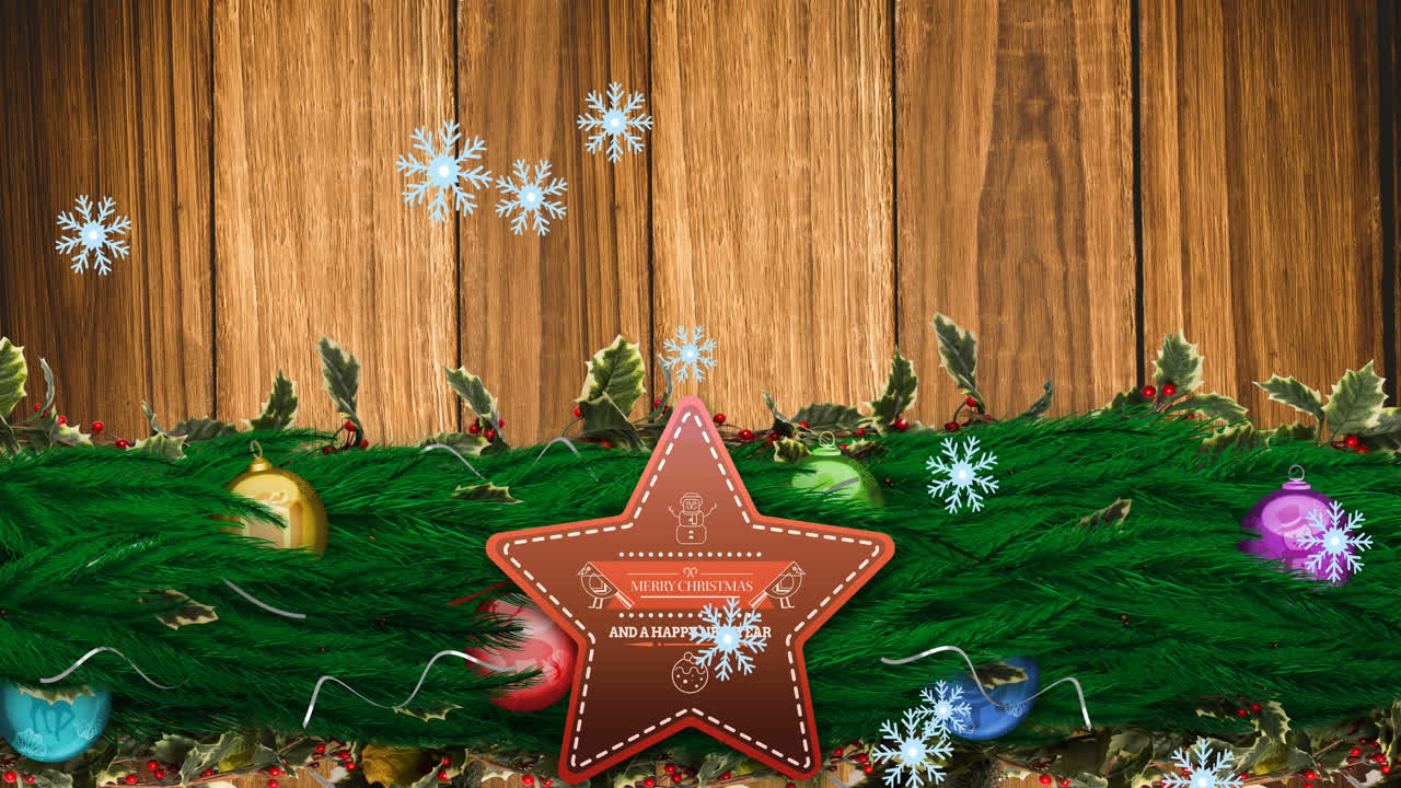 animación de felicitaciones de navidad en una etiqueta de estrellas con decoraciones en fondo de madera