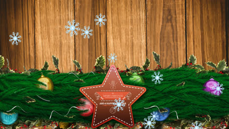Aniamation-of-christmas-greetings-on-star-tag-with-decorations-on-wooden-background