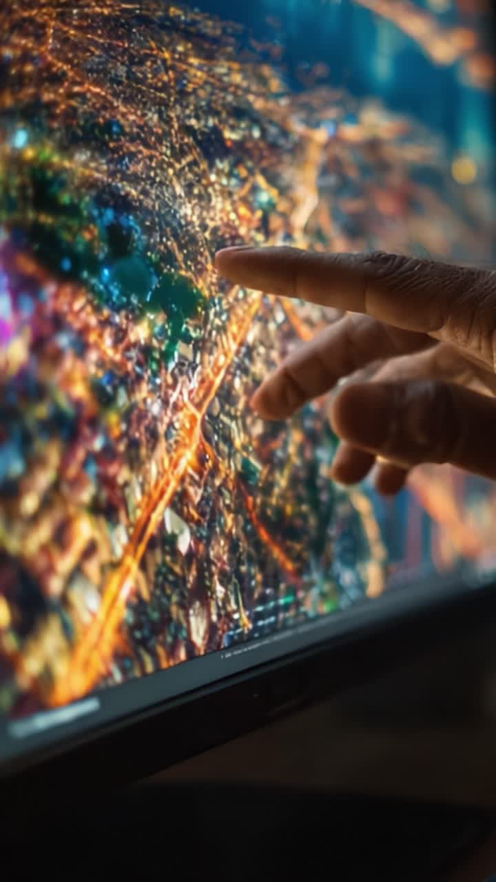 A Close-Up View of a Hand Pointing at a Brightly Lit Cityscape Displayed on a Screen, Highlighting Urban Features and Patterns in the Night View