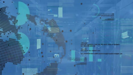 Animation-Der-Digitalen-Schnittstelle-Und-Datenverarbeitung-über-Der-Weltkarte-Auf-Blauem-Hintergrund