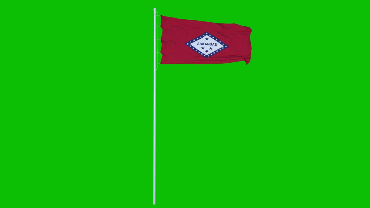 la bandera del estado de arkansas ondeando en el viento en la pantalla verde o el fondo de la tecla de croma. animación 4k
