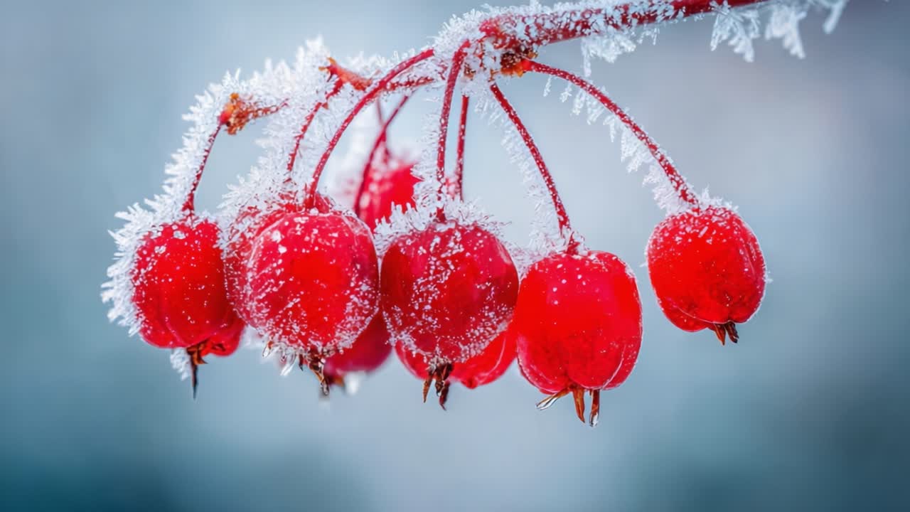 Bright Red Berries Covered in Frost Clinging to a Branch, Showcasing Nature's Beauty During Winter in a Stunning Frozen Landscape