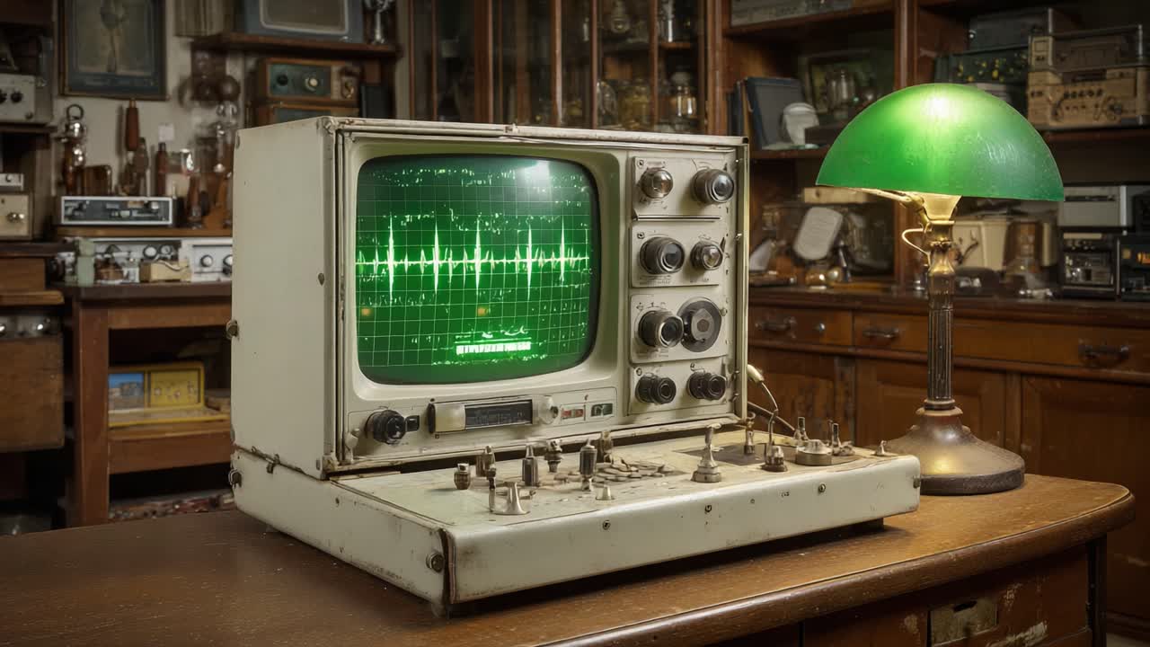 Schermo di oscilloscopio d'epoca che mostra l'analisi della forma d'onda, circondato da attrezzature di laboratorio vintage e da una classica lampada verde che illumina la scena