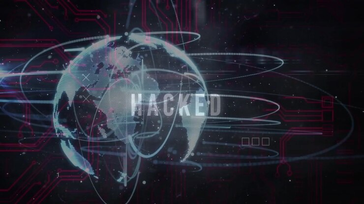 Cyber backdrop initiating 3D globe rotating, glitching HACKED text, spiraling orbits showing breach