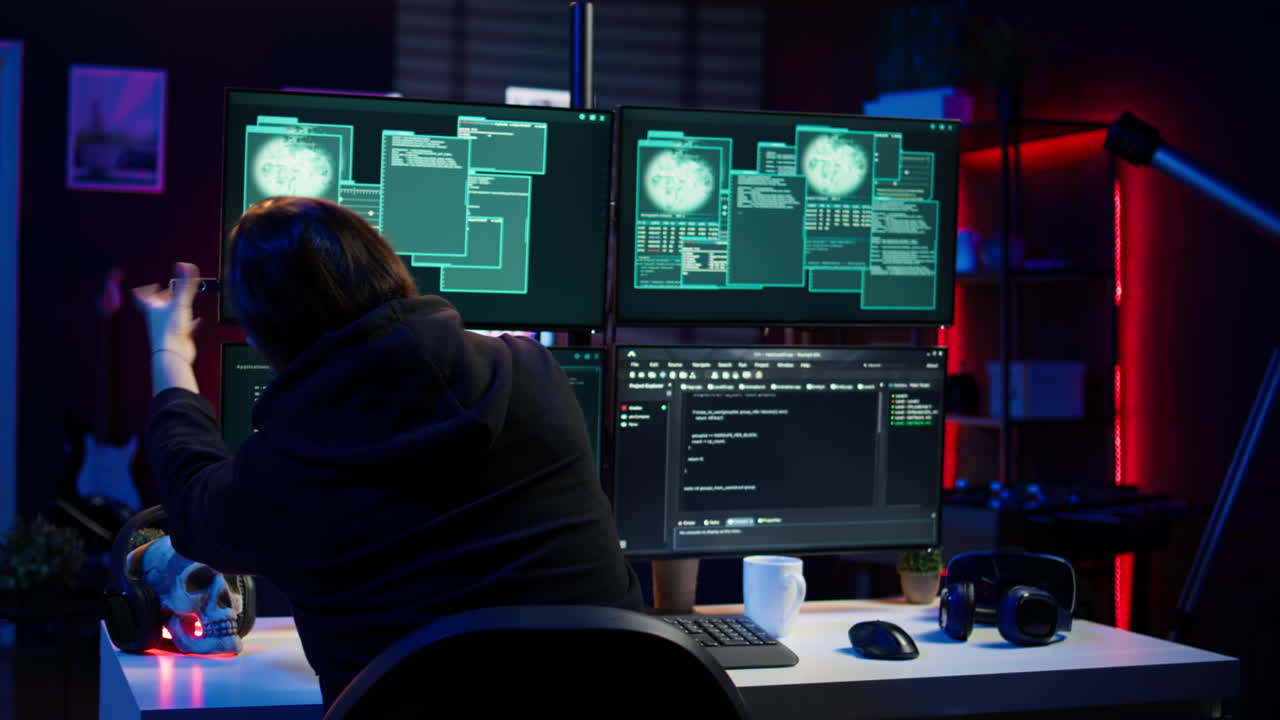 hacker alegre sintiéndose orgulloso después de romper las defensas usando scripts deshonestos