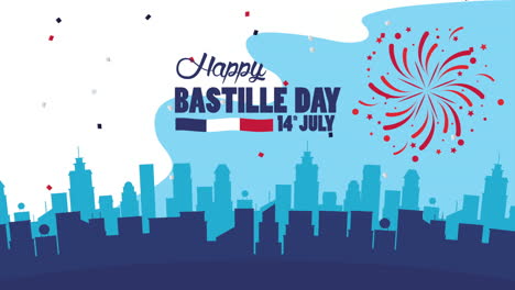 feliz celebración del día de la bastilla con la bandera de francia y el paisaje urbano