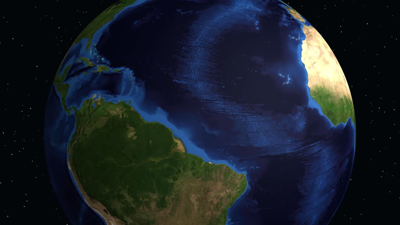 Il pianeta Terra che ruota si ingrandisce sul Sud America, evidenziando Merida, Venezuela con un pannello informativo digitale.