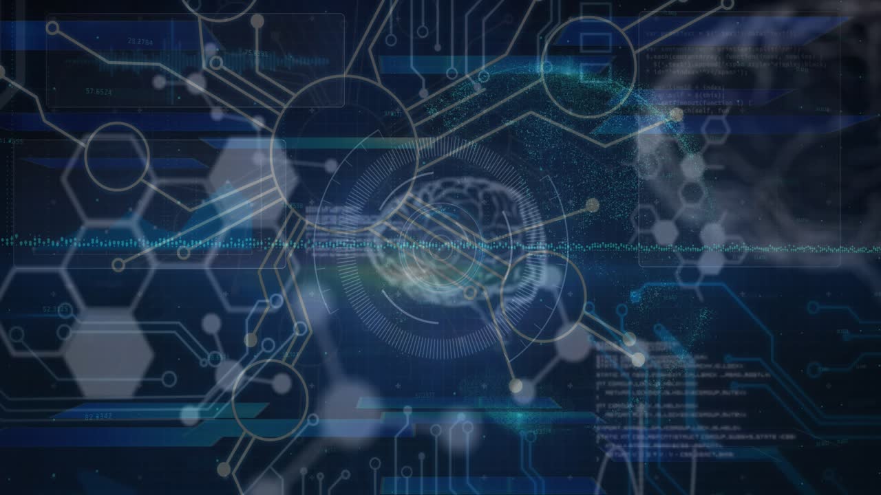Animación de red de conexiones y procesamiento de datos sobre un cerebro digital