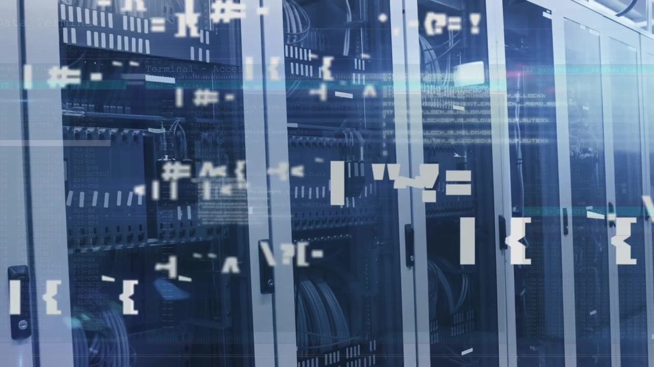Animation of icons and data processing over server room