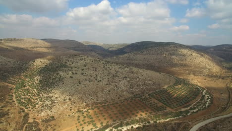 panoramic aerial view of arid hilly landscape with agricultural terraces