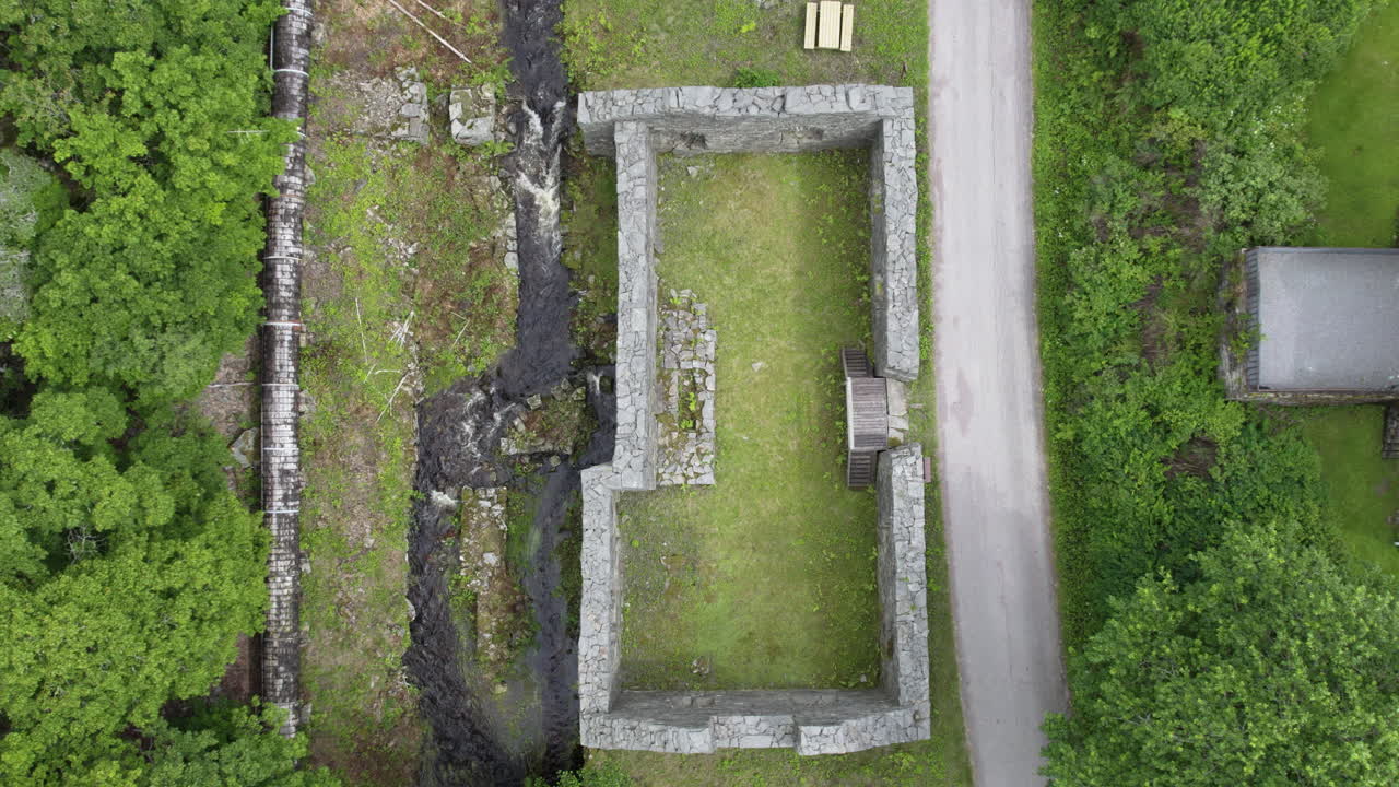 Top-down aerial view of the historic ruins at Backefors Bruk, surrounded by lush greenery and a flowing stream in Sweden