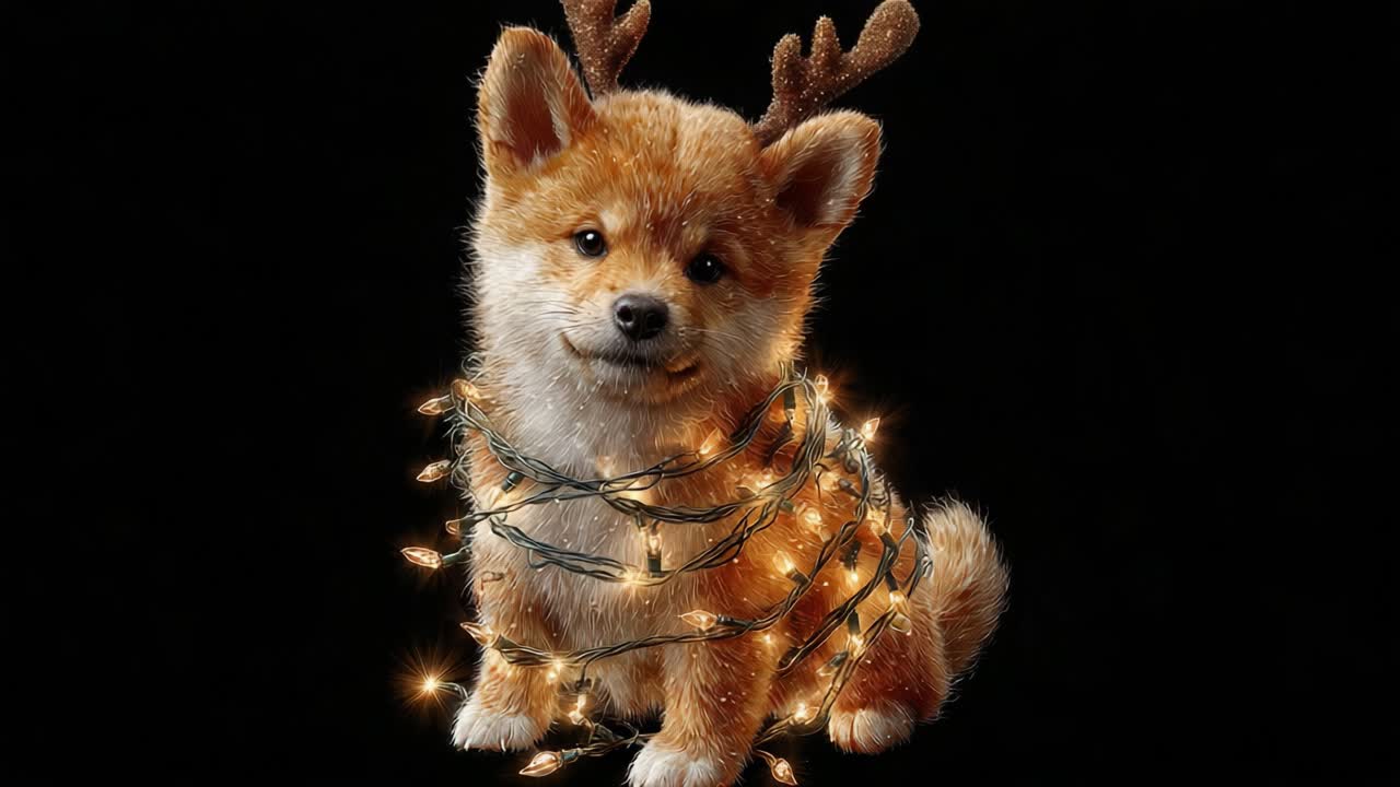 Adorable Puppy Dressed as a Reindeer Wrapped in Twinkling Christmas Lights Captures the Spirit of Holiday Cheer and Festivity in a Heartwarming Scene