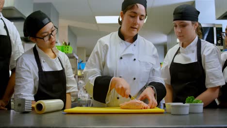 Chef-cutting-meat-on-chopping-board-in-kitchen-4k