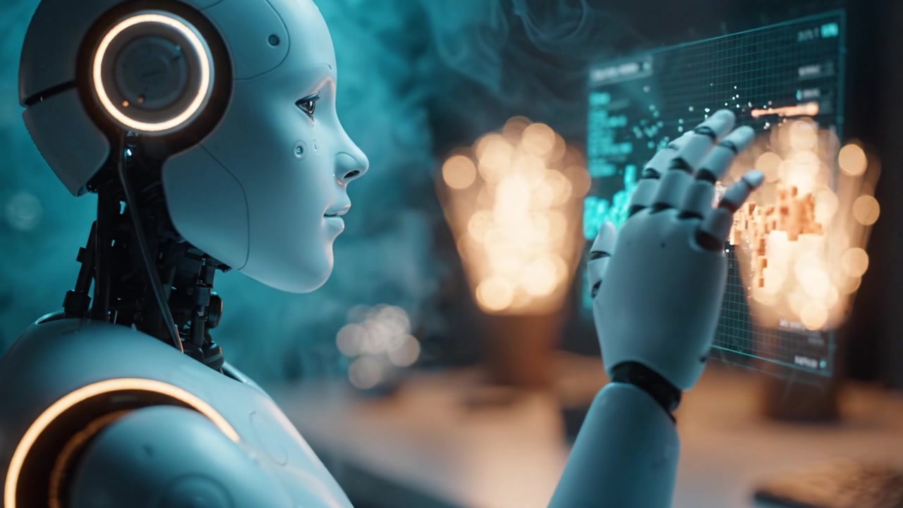 Exploring the Future of Technology: A Close-Up on a Humanoid Robot Analyzing Data Visualizations in a Dynamic Digital Environment