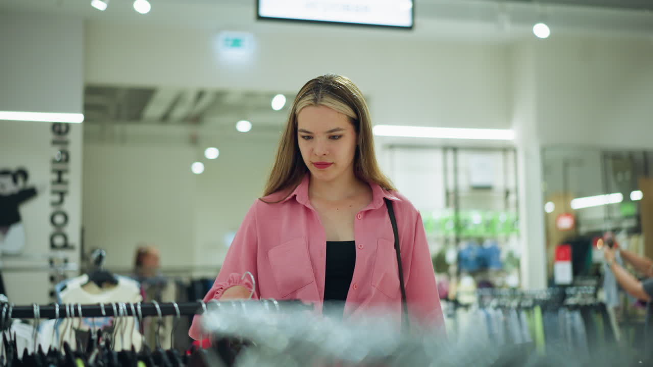 Young lady wearing a pink shirt picks a black tight from clothes rack, observes it thoughtfully, then drops it back, another shopper in the background is also picked a cloth, in the brightly lit mall