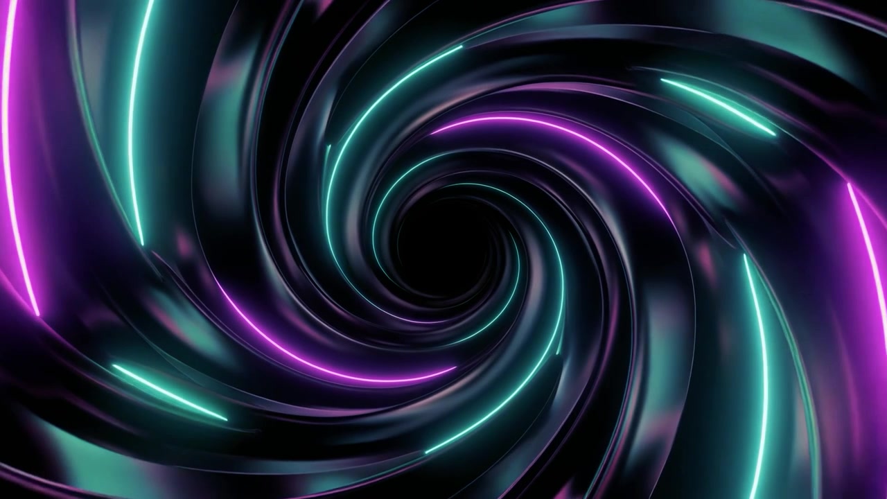 Loop di tunnel a spirale neon dinamico e luminoso viola e verde acqua