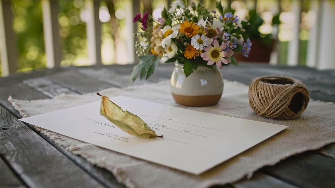 Tumbling dried leaf riding mild breeze across printed card on porch table, beside vase and twine