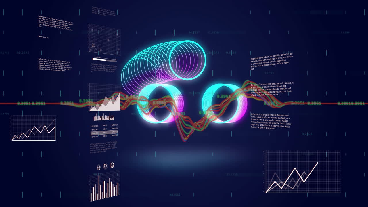Neon 3D spiral coil with glowing rings rotating over waveform while floating charts displaying data