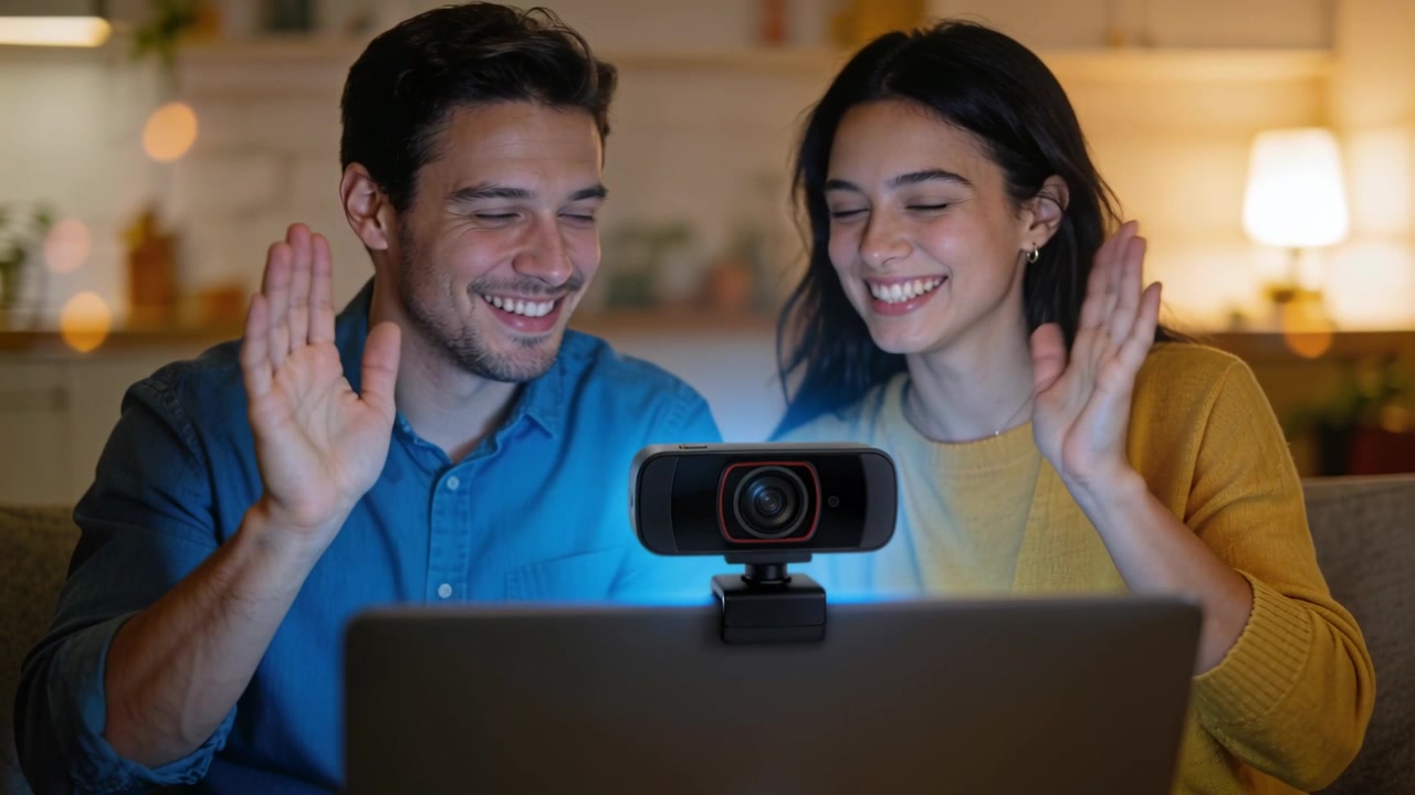 Coppia che saluta sul divano, con camicia blu e maglione giallo, accoglie una videochiamata familiare che inizia tramite webcam del laptop.