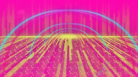Yellow-light-trails-moving-over-blue-tunnel-against-pink-backgorund