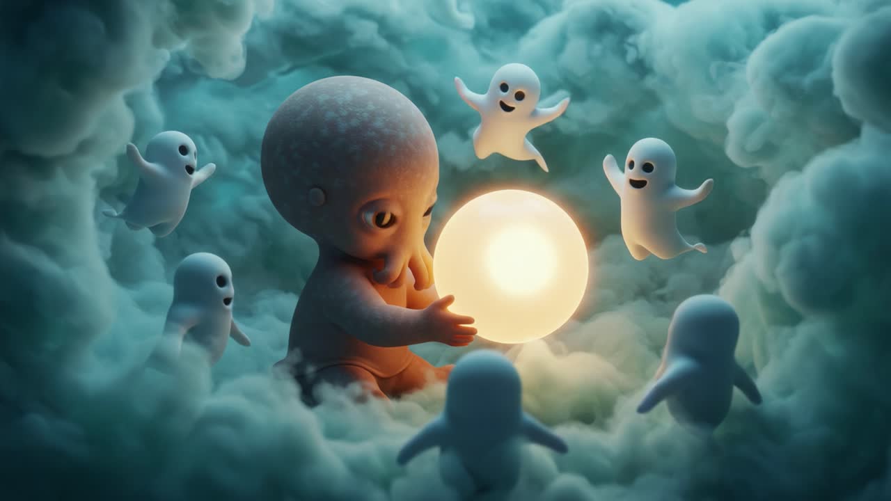 In a mystical cloud realm, an adorable creature interacts with playful ghostly figures, illuminating the atmosphere with a glowing orb of light, creating an enchanting scene filled with wonder