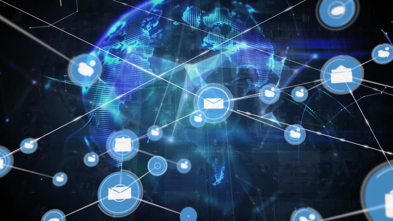 animación de una red de iconos digitales y un globo de redes de plexo frente a una vista aérea del paisaje urbano