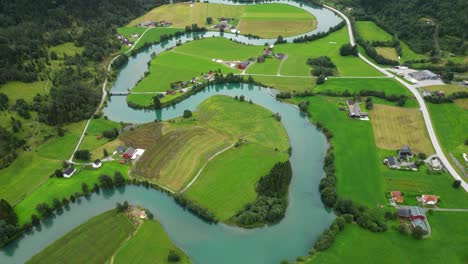 Winding-Stryn-River-in-Vestland,-Norway,-Scandinavia---Aerial