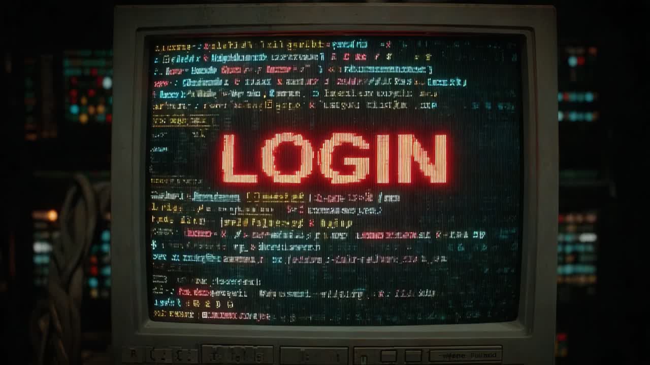 A Retro Computer Screen Displaying a Bold 'LOGIN' Prompt Amidst Glitchy Visuals and Cryptic Code, Evoking a Sense of Digital Connection and Cyber Intrigue
