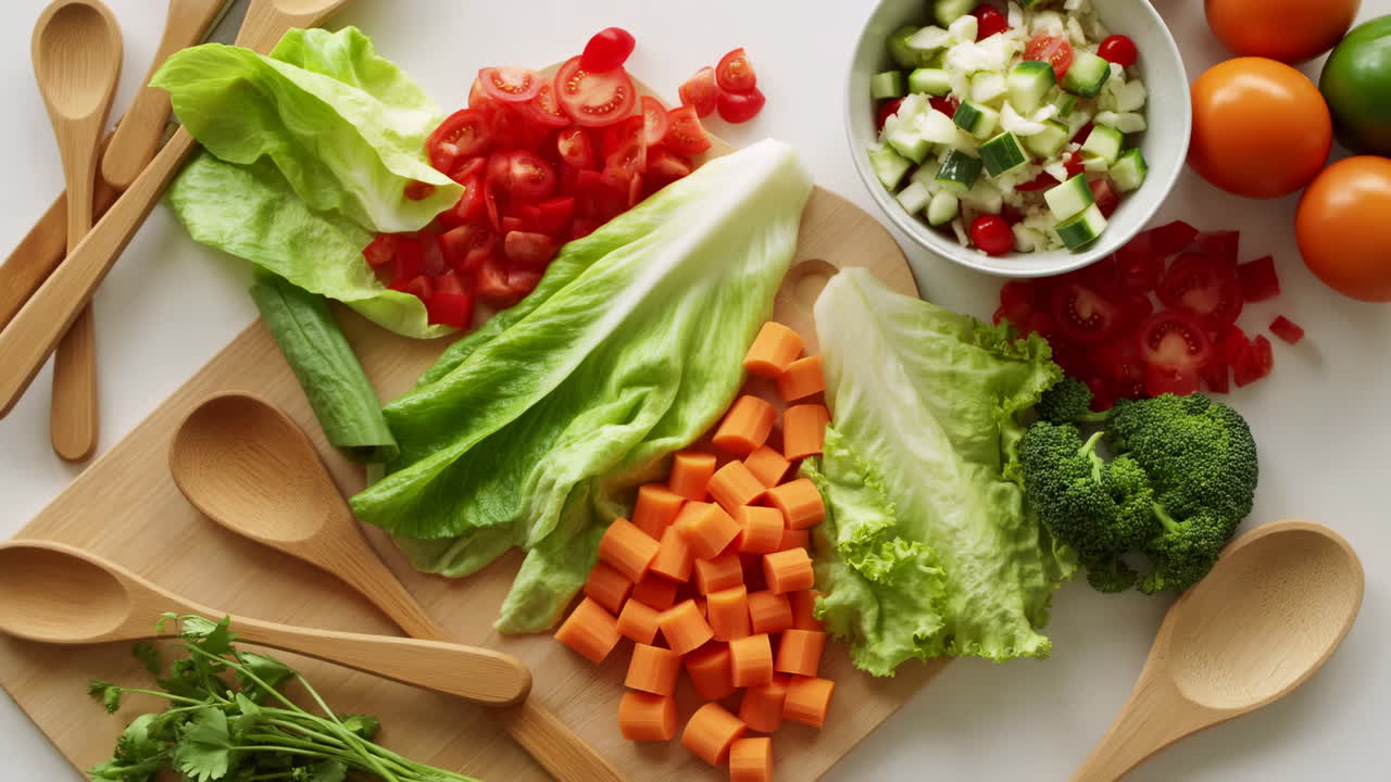 Frische Salat-Zutaten auf einem Holzbrett