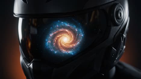 a cosmic journey: exploring the infinite depths of imagination through the mysterious universe reflected in the helmet of a futuristic rider