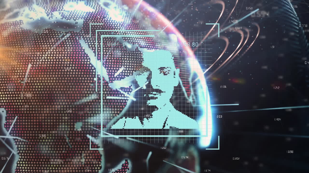 animación de imágenes de perfil digitales sobre círculos con números alrededor del globo en un fondo abstracto