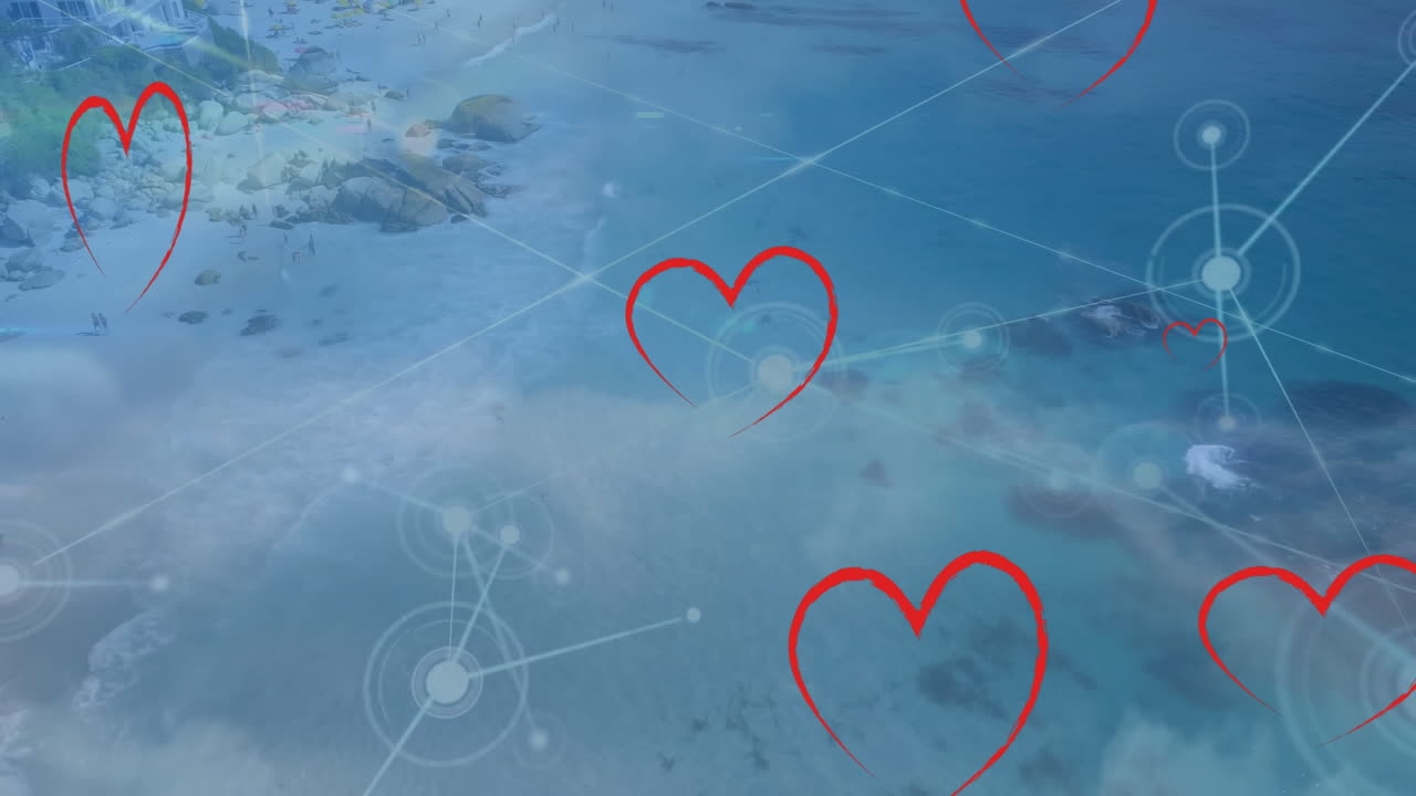 여러 개의 빨간 심장 아이콘과 파란 하늘의 구름에 대한 연결 네트워크