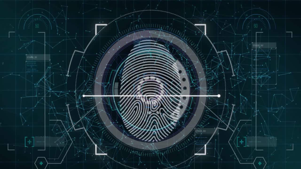 animación de huellas dactilares biométricas, escaneo de alcance y procesamiento de datos a través de una red de conexiones